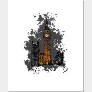 Big Ben with splatter, Tower of London at night, England. Posters and Art